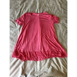Zenana Signature Pink Lace Trim Tunic Top Short Sleeve Plus Size 1X Crew Neck